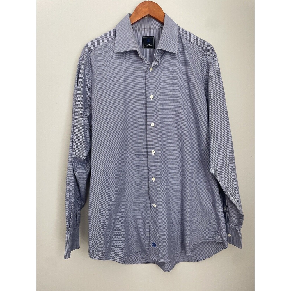 David Donahue 16.5‎ 34 35 Button Down Shirt Navy Houndstooth 100% Cotton Dress